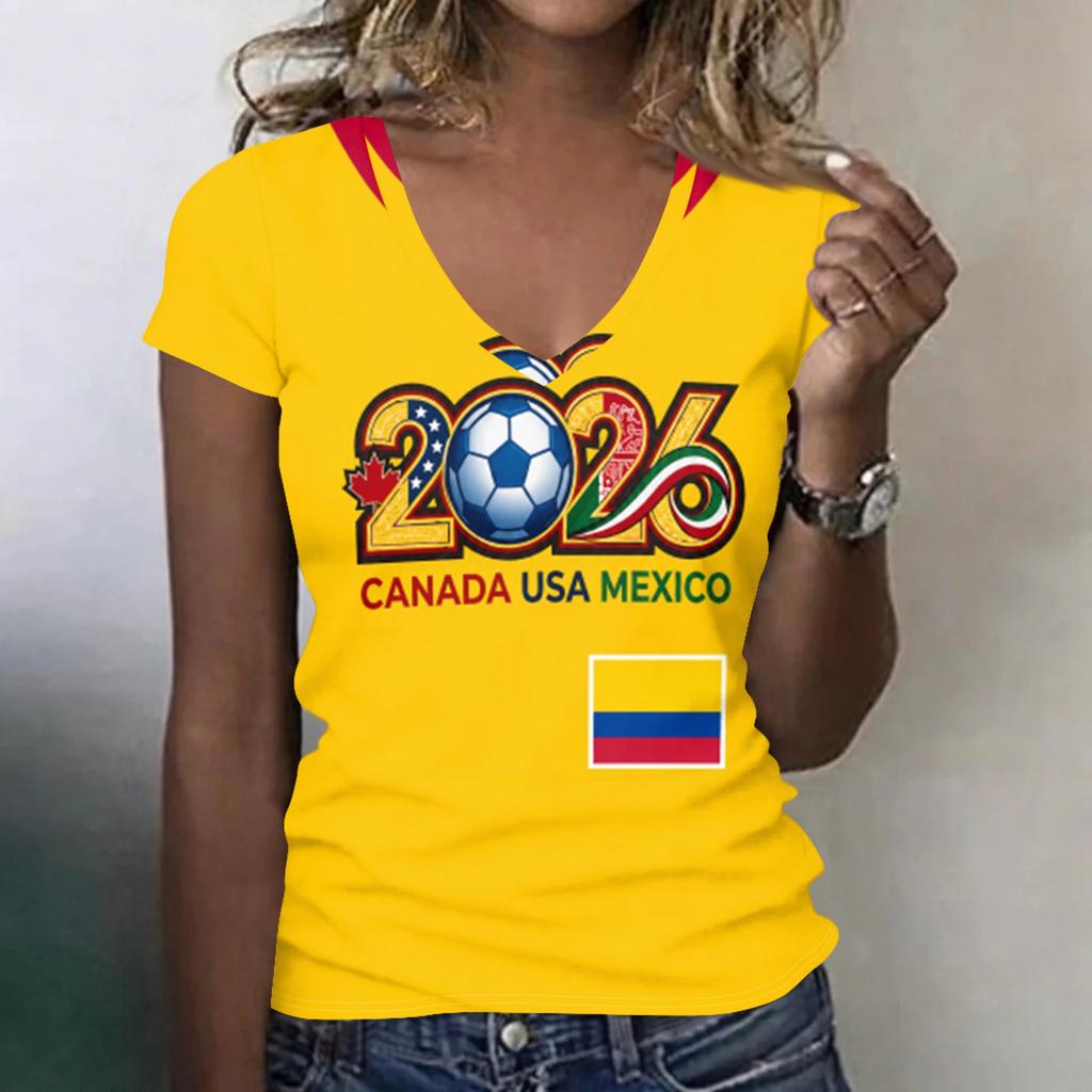 Women's V Neck Lightweight Short Sleeve Top Soccer Inspired Print Casual Summer Shirt for Canada USA Mexico Fans