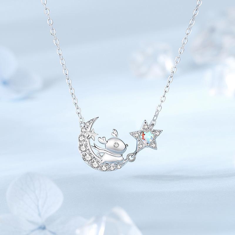 

Elegant Christmas Star & Moon Reindeer Necklace - Diamond-Inlaid Pendant with Clavicle Chain