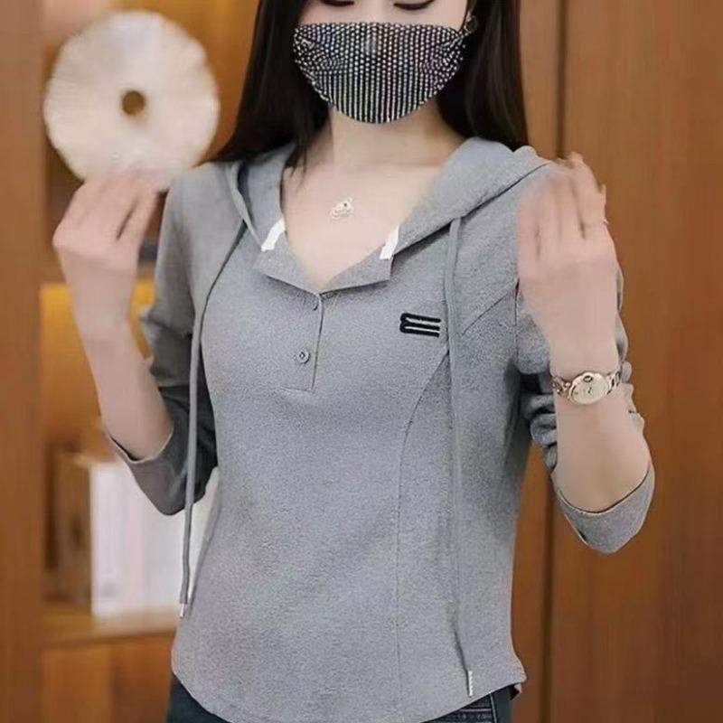 Autumn Thin Solid Color Versatile Long-sleeved T-shirt for Women's Sports Casual Hooded Sweatshirt Top