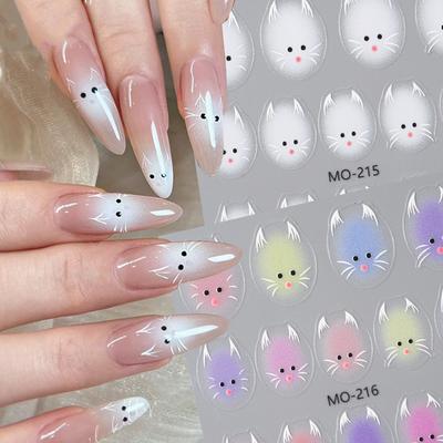 Cute White Cat Nail Stickers Decals 5D Kitten Ink Blooming Flowers Nail Art Decoration Kawaii Cartoon Decals Summer Manicure