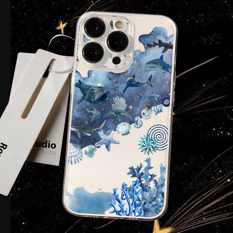 Sharks Cute sea blue pattern design Phone Case Transparent Phone Case For iPhone 16 15 14 13 12 11 Pro Max XR Plus