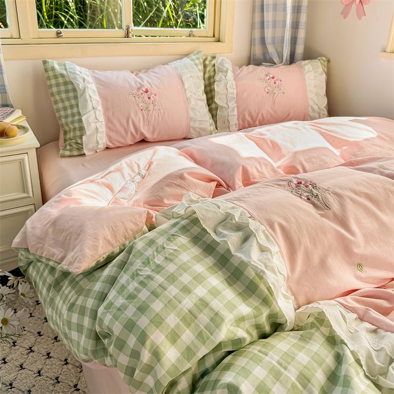 

Korean Princess Style Double Layer Lace Flower Embroidery 100% Cotton Bedding Set Plaid Style Duvet Covers Bed Sheet Pillowcases Flat Bed Sheet&Single 150X200cm 3pc