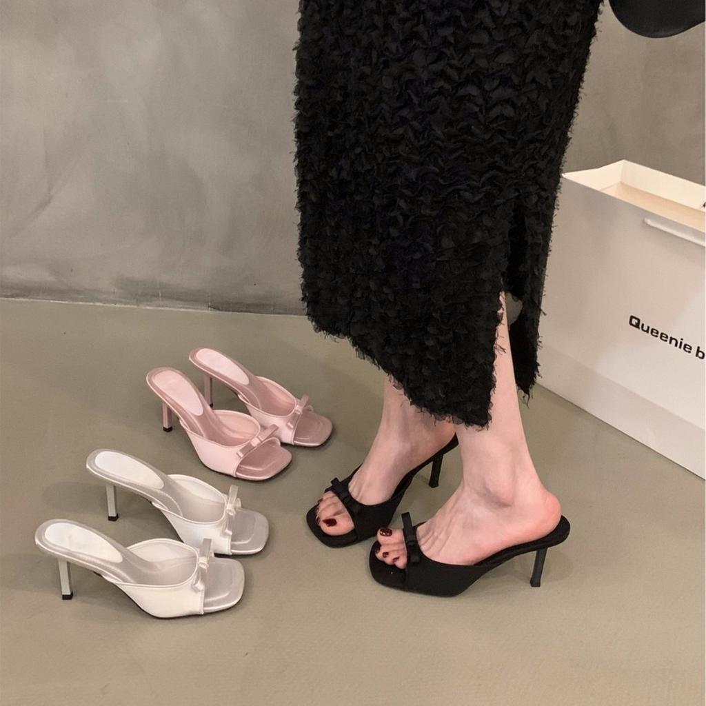 In the summer of 2025, the new square-headed fairy, bow, high-heeled slippers, thin heels, and sandals femininity.