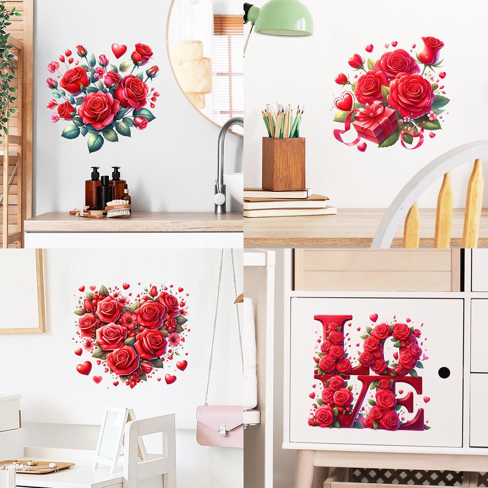 Valentine's Day Heart Rose Removable Wall Sticker for Living Room, Bedroom, or Glass Cabinet