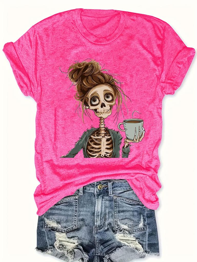 Skull Print Crew Neck T-Shirt Casual Short Sleeve T-Shirt For Spring & Summer Women's Clothing