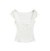 Fungus edge short-sleeved T-shirt women's summer new American Spice Girl solid color square neck light and slightly transparent elastic top