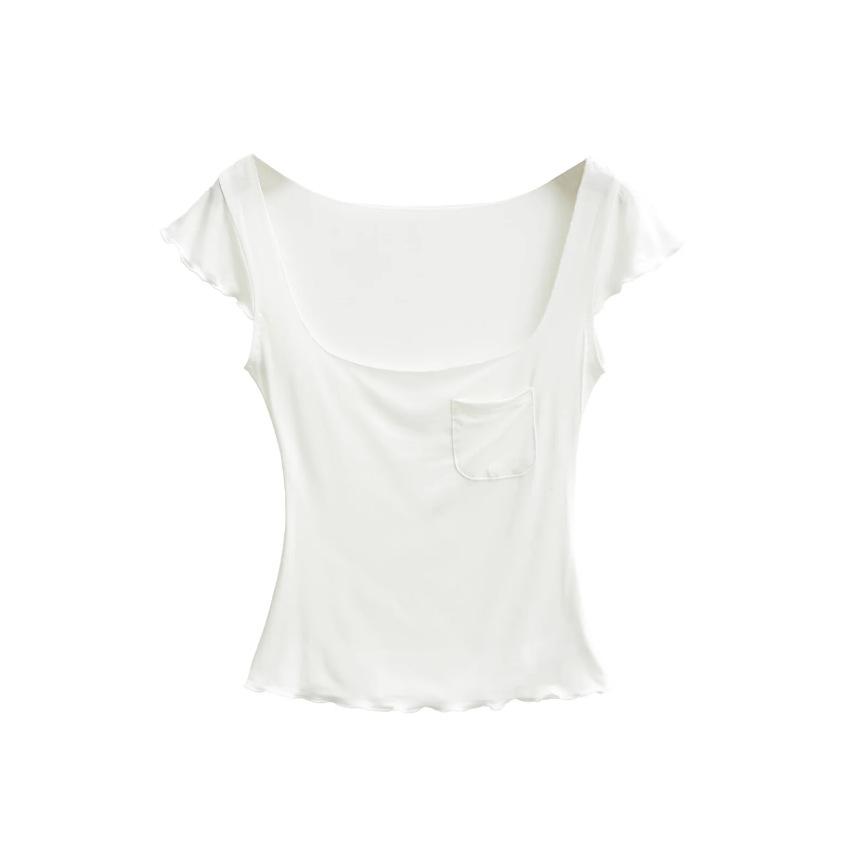 Fungus edge short-sleeved T-shirt women's summer new American Spice Girl solid color square neck light and slightly transparent elastic top