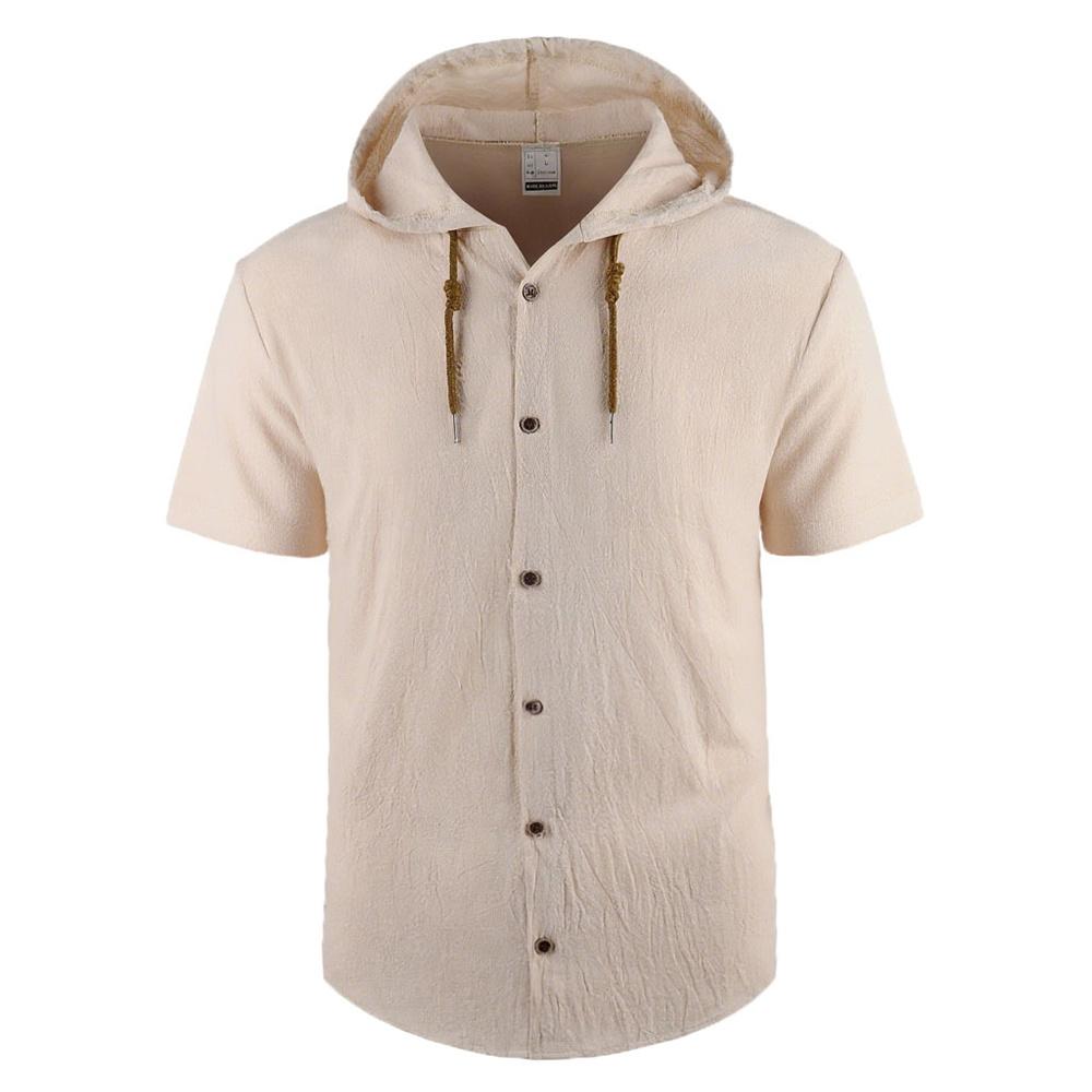 Men's Cotton Linen Shirt Hooded Stylish Top Breathable Lightweight Simple Style Claasic Shirts Single Breasted Male Fashion Tees