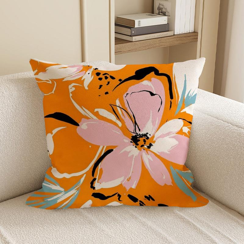 Double Sided Vibrant Abstract Floral Pillow Cover Bold Orange Pink Flower Print Soft Throw Pillow Case For Modern Home Decor