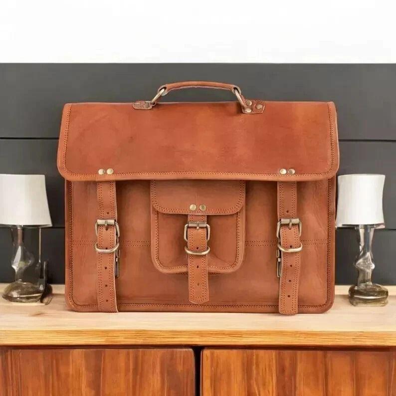 Bag Leather Goat Messenger Laptop Briefcase New Brown Shoulder Real Men's