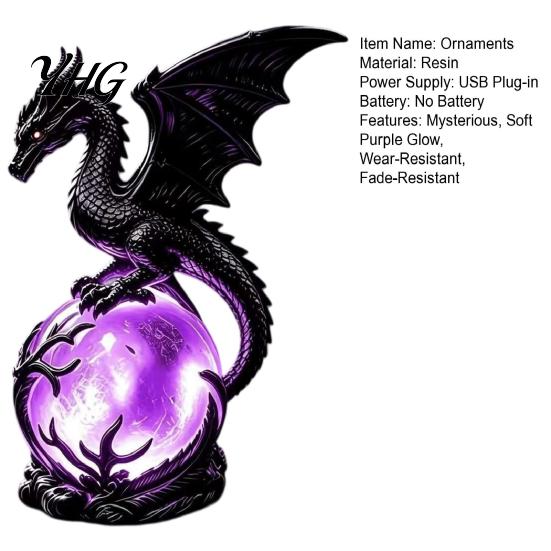 Gothic Dragon Statue Night Light, Resin with Purple Glowing Crystal Halloween Decorative Figurine Sphere, Fantasy Table Lamp for Home Desktop