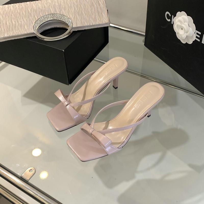 Original Design~ Bow Strap Open-toed High Heel Cool Slippers Women's Summer Wear Square Head Fairy Stiletto Muller Shoes