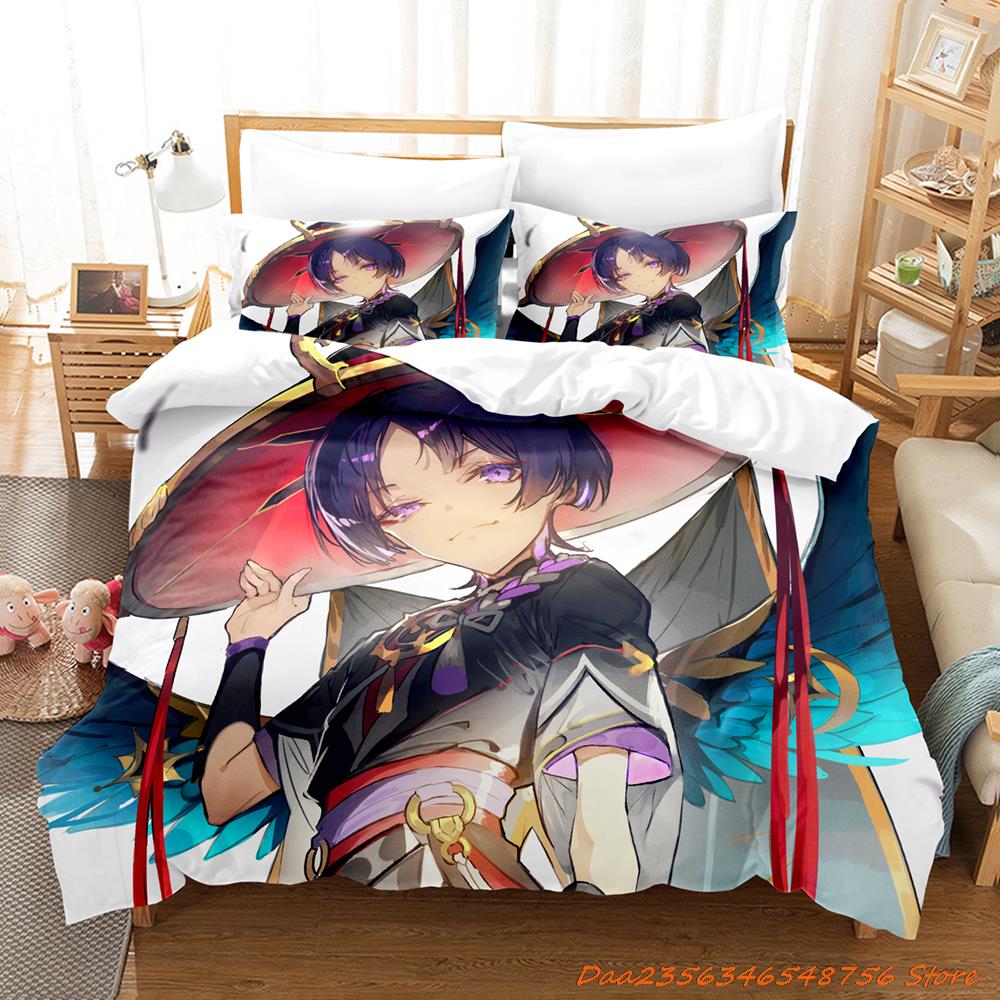 Comforter Game Genshin Impact Scaramouche Bedding Set Cartoon Anime Three-Piece Set Adult Kid Bedroom s 3D Kawaii