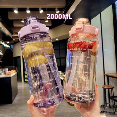 2 Liter Wasserflasche mit Strohhalm Tragbare Flaschen mit großer Kapazität Outdoor-Sport Kaltwasserflaschen mit Zeitmarkierung Trinkgeschirr
