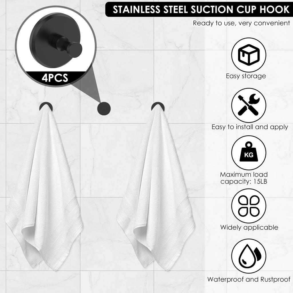 4Pcs Suction Cup Hooks Stainless Steel Bathroom Towel Clothes Holder Wall Mount Kitchen Shower Strong Suction Sucker Hooks