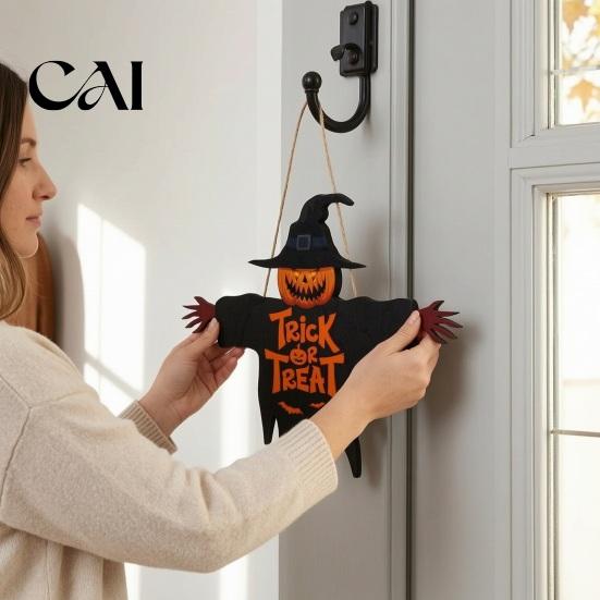 Festive Entryway Fall Display Halloween Door Sign for Porch, Cute Ghost Scarecrow Dwarf Hanging Wall Decorative Seasonal Plaque, Rustic Farmhouse