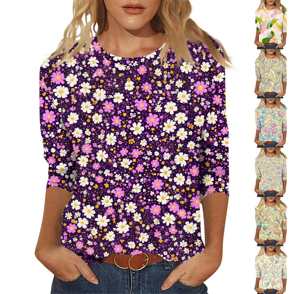 Modisches und lässiges Pullover-Oberteil mit sieben Viertelärmeln und Blumendruck für Damen