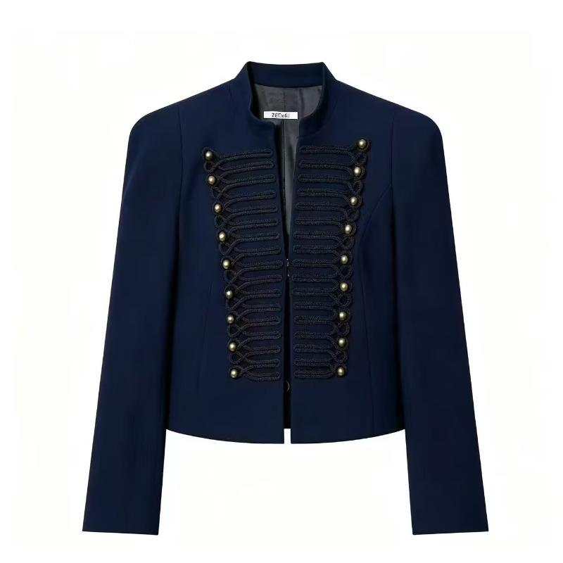 Elegant Women's Cropped Black Coats Pads Stand Collar Full Sleeve Jacket Autumn Lady Chic Commute Outwear