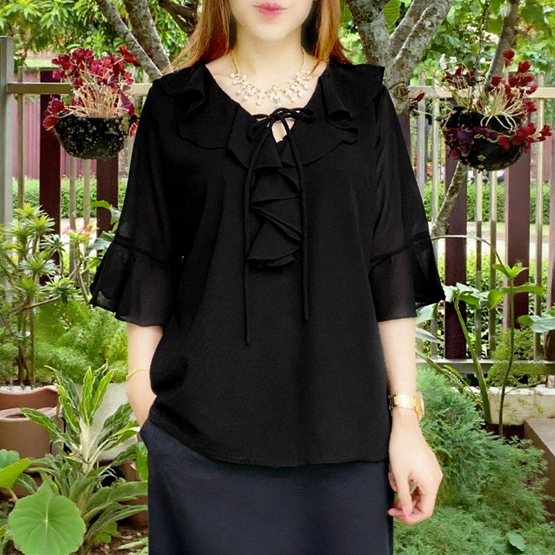 ZANZEA Blusa Casual para Mujer con Volantes, Cuello en V, Holgada, Manga 3/4, Lisa