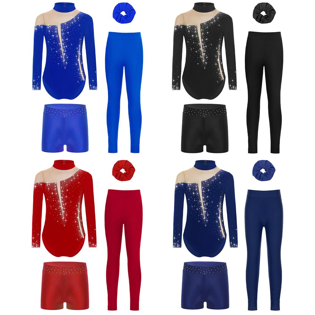 Ensemble de gymnastique et de danse pour filles Manches longues Dos avec découpe Strass Scintillants Justaucorps avec Short Leggings Bandeau pour Cheveux