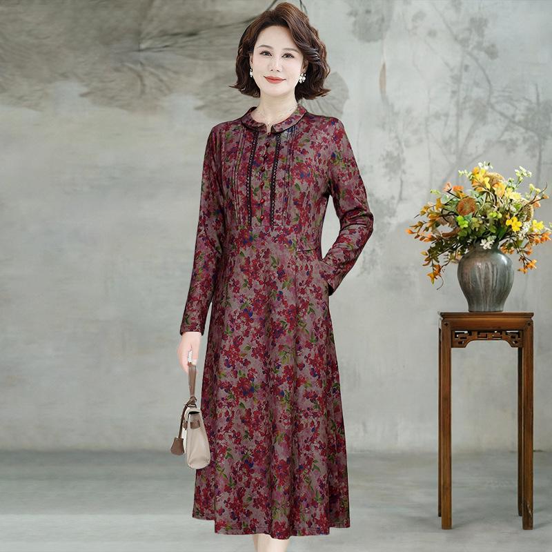 2026 Spring Retro Print Long Sleeve Knee-Length Dress for Middle-Aged and Elderly Moms - Stylish and Elegant Skirt