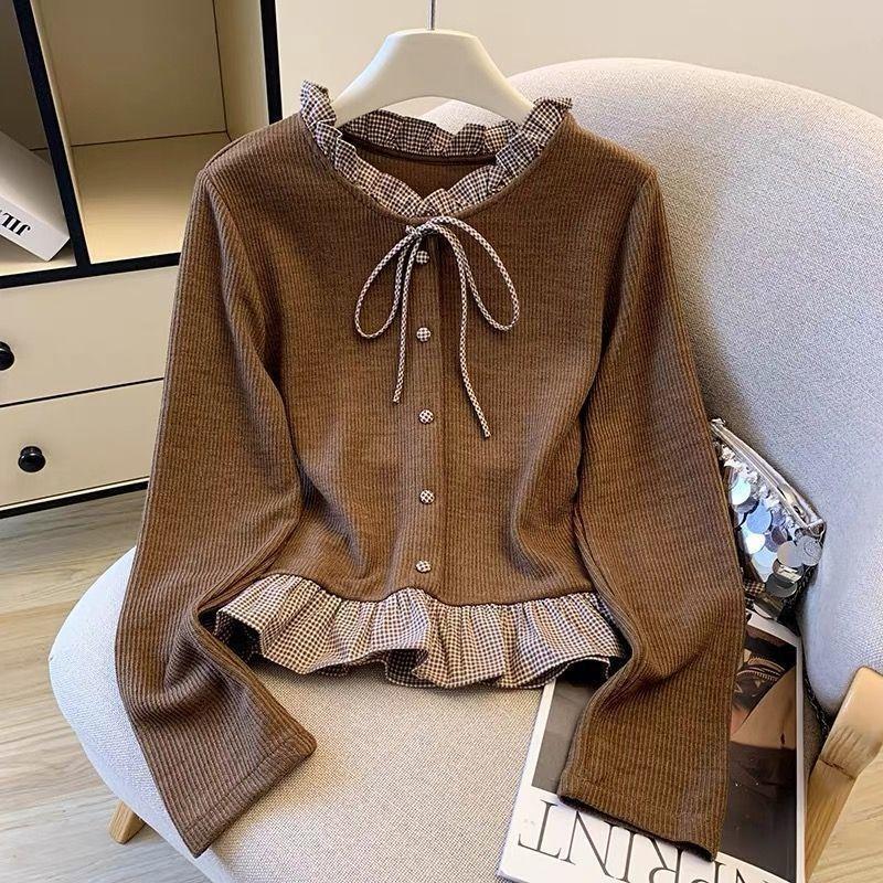 Damen Kariertes Rüschenbesatz Strickoberteil Rundhalsausschnitt Langarm Schleife Lässiger Enganliegender Pullover