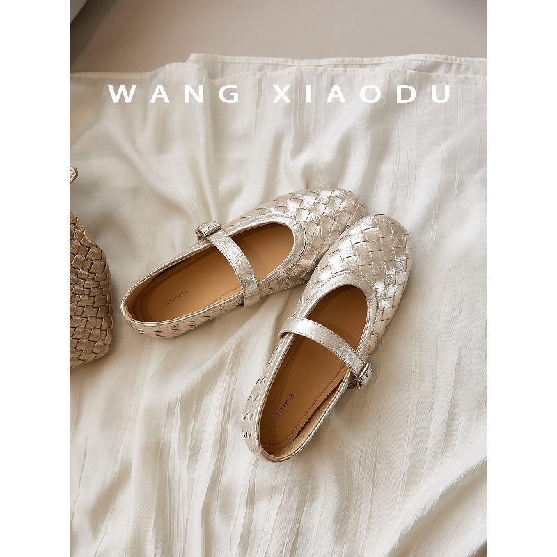 Sheepskin Version Leather Woven Retro Mary Jane Shoes Women's Word with Flat Bottom Shallow Mouth Single Shoes