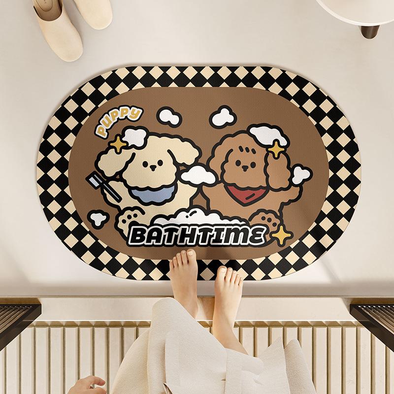 Cartoon Puppy Bathroom Diatom Mud Floor Mat Water Absorption Non-slip Wear-resistant Bathroom Household Oval Door Mat Toilet Mat