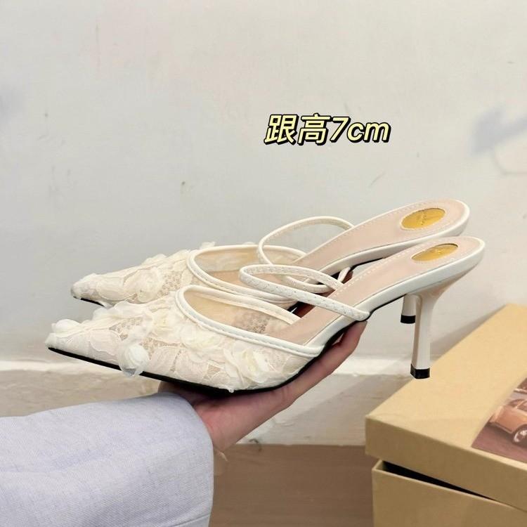 Niche mesh yarn breathable bag head half slippers women's shoes 2025 new spring gentle high heels