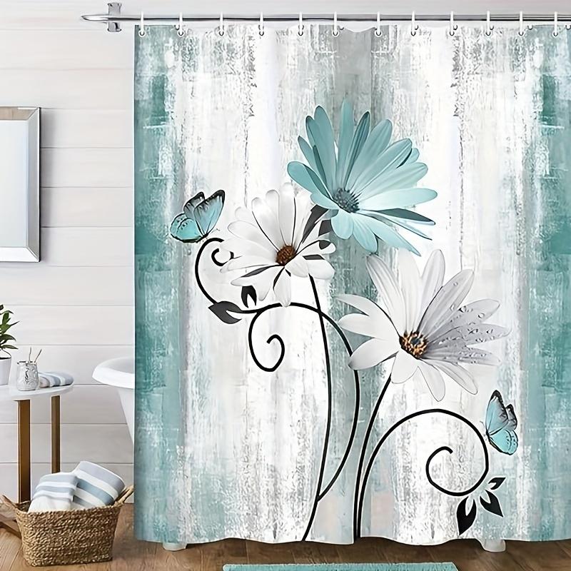 Turquoise Blue Farm Shower Curtain - 1pc Country Wooden Bathroom - Daisy Flowers and Butterflies Design with 12 Hooks