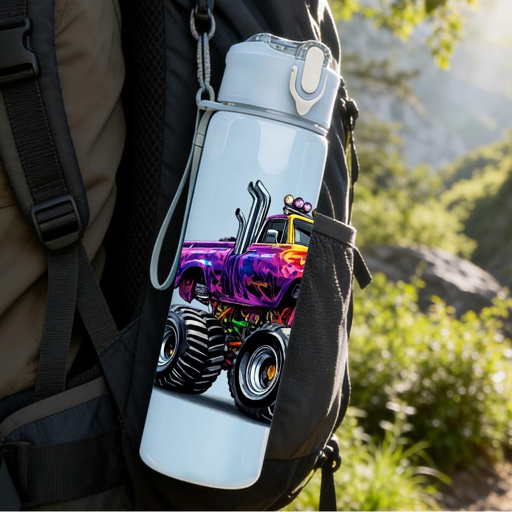 1PC Purple Fire Monster Truck Print 750ml Color Plastic Sports Water Bottle Leakproof Flip Straw Lid Suitable for Sports Office Home Use