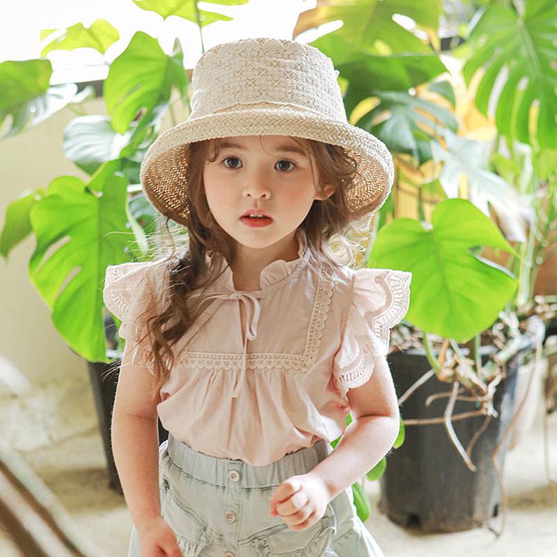 Girls Summer Mullet Neck Thin Embroidered Lace Shirt Middle Child Solid Color Standing Collar Breathable Comfortable T-Shirt