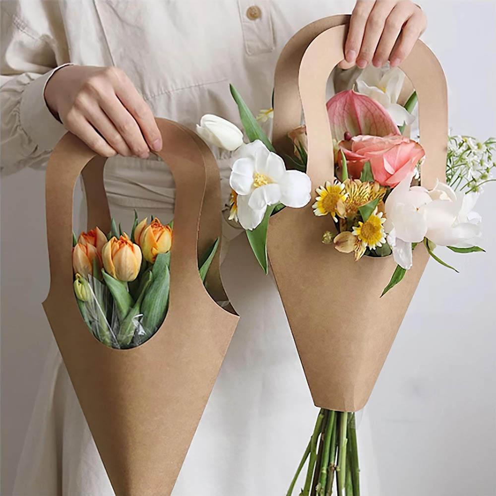 Sacchetti Regalo a Forma di Fiore in Carta Kraft con Manico Cesto a Cono per Bouquet per Matrimonio Compleanno San Valentino Negozio Materiali per Confezionamento