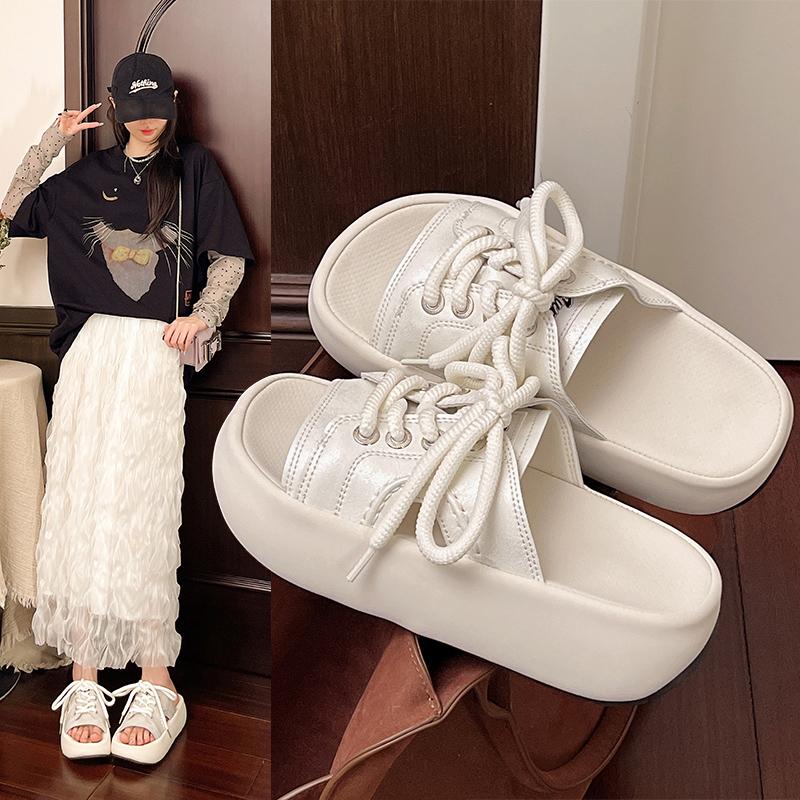 Mode Damen Mode Clogs Schnür-Plateau-Slipper Sommerschuhe Weiche EVA Anti-Rutsch Damen Strand Straßen Slides Dicksohlige Sandalen