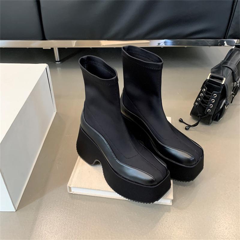 Leather Fabric Splicing Thick Soled Boots Waterproof Platform Heel Women's Knee Boots Elastic Fabric and Ankle Short Boots 35-39