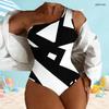 Women Plus Size One Shoulder One Piece Swimsuit Asymmetric Neck Black White Print