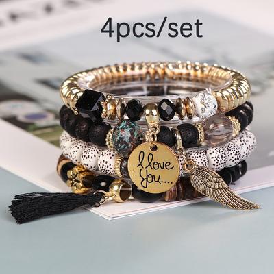 4er-Set elastische Armbänder mit Acrylperlen, modischer Retro-Flügel-Quasten-Anhänger Armband Set im Bohemian-Stil, Geschenk