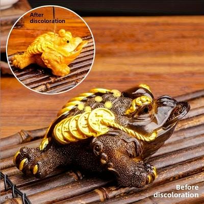 1pc Color-Changing Golden Toad Tea Pet - Resin Three-Legged Frog Figurine with Flowing Water Feature, Intricate Golden Accents & Red Gemstone Eyes