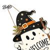 Ghost Wall Decor Halloween Wooden Welcome Sign for Front Door, Rustic Cartoon Hanging Fall Farmhouse Plaque with Pumpkin Wizard Hat And Broom Holiday