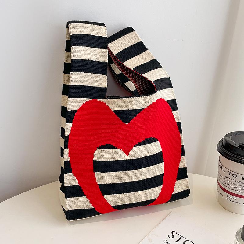 Japanese Thin Stripe Plaid Tote Bag Women Casual Color Handmade Knit Handbag Student Reusable Shopping Bag Keys Purse Handle Bag