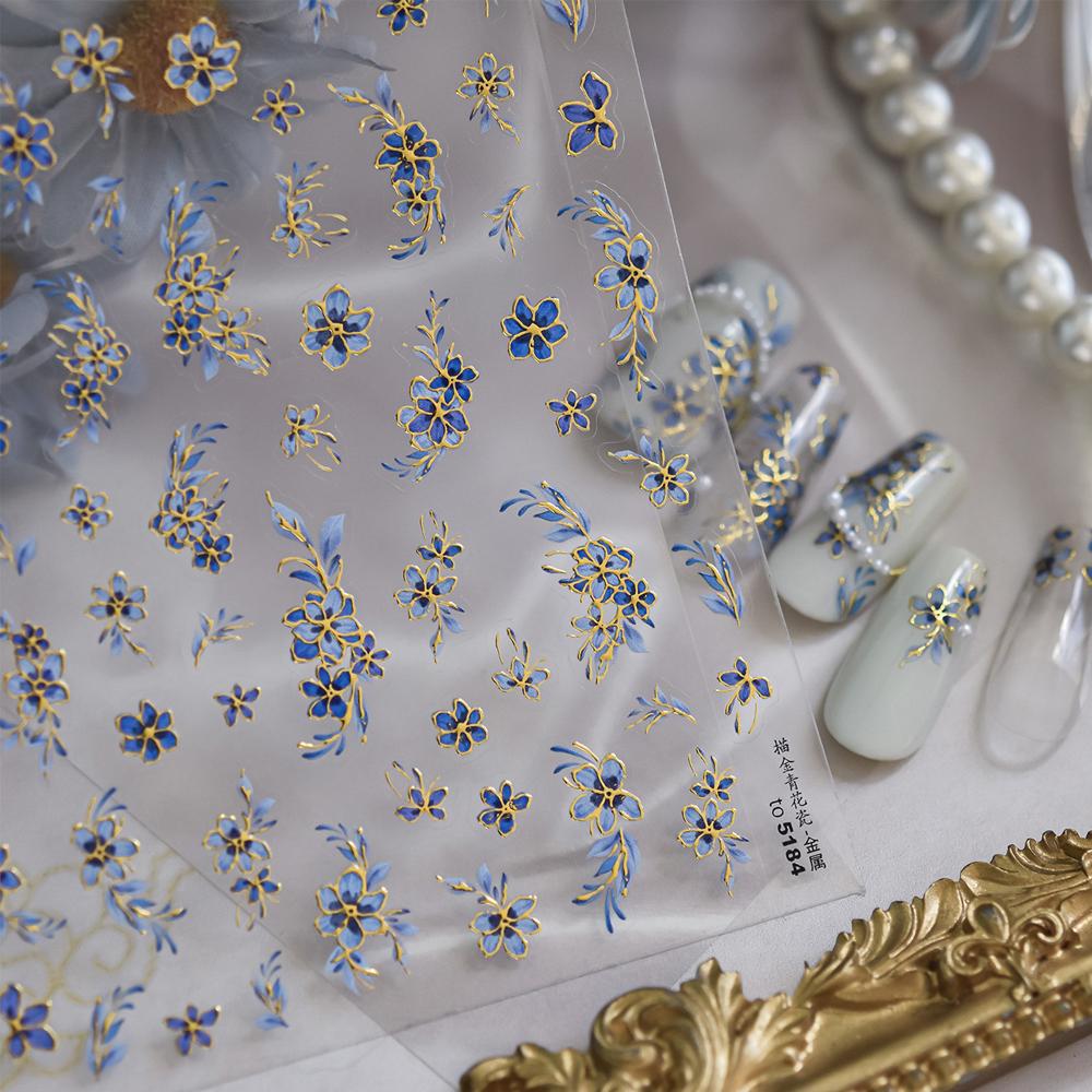 Oriental Blue and White Porcelain Nail Art Sticker Delicate Gold Outline Floral Nail Art Chinese Vintage Ceramic Manicure Decal