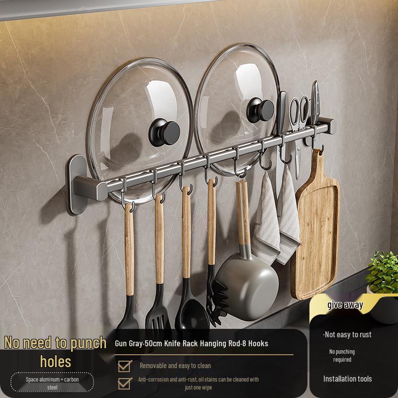 Gunmetal Wall-Mounted Kitchen Rack: No-Drill Seasoning, Knife Holder, Multifunctional Storage Solution