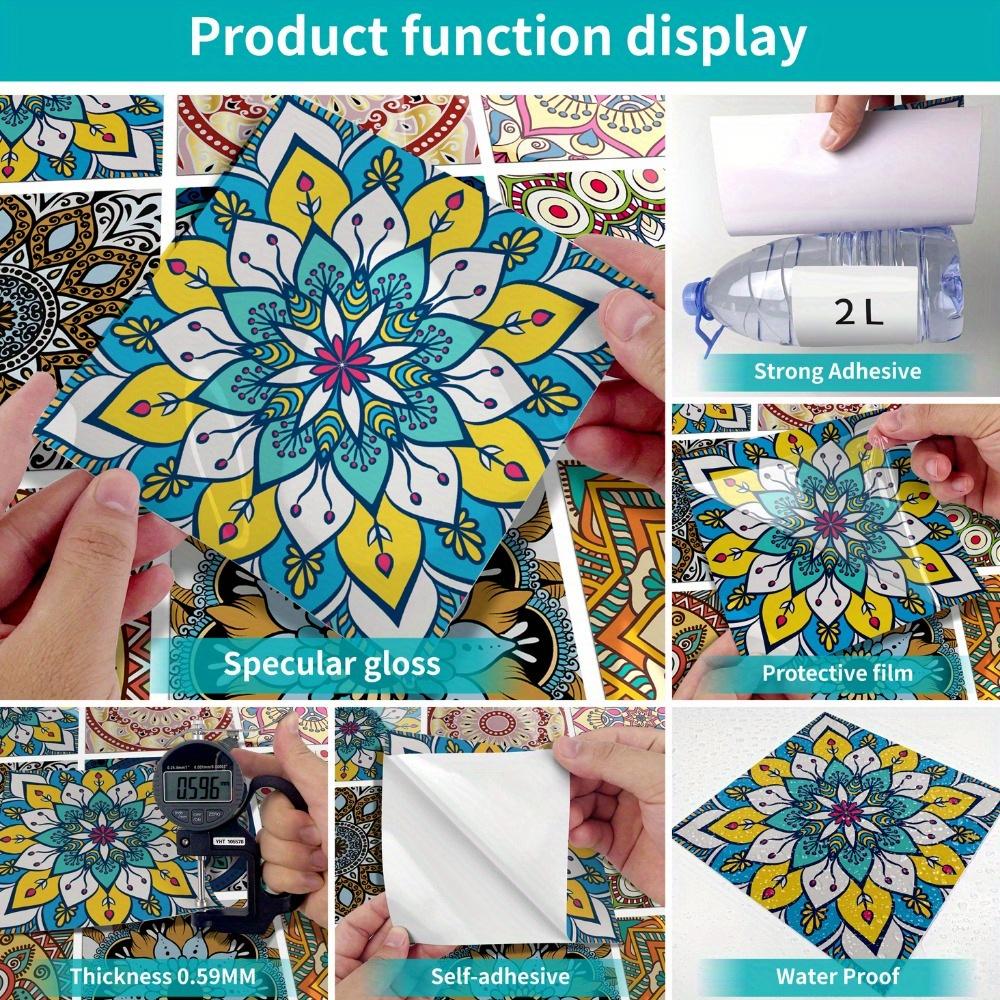 10pcs Self-adhesive Tile Sticker Mandala Dark Color Style Flower Brick Peel and Stick Splash Guard Wall Sticker Waterproof Tiles Stickers for Bathroom