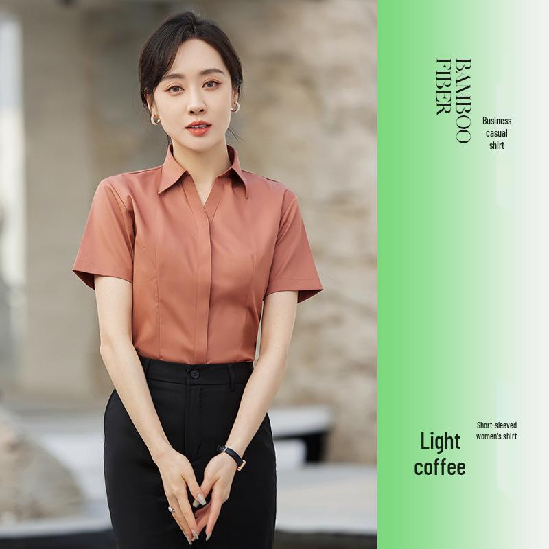 Damen Rosa V-Ausschnitt Bambusfaser Stretch Shirt - Gestickte Formelle Kleidung für Büro, Verkauf und Hotel Rezeption