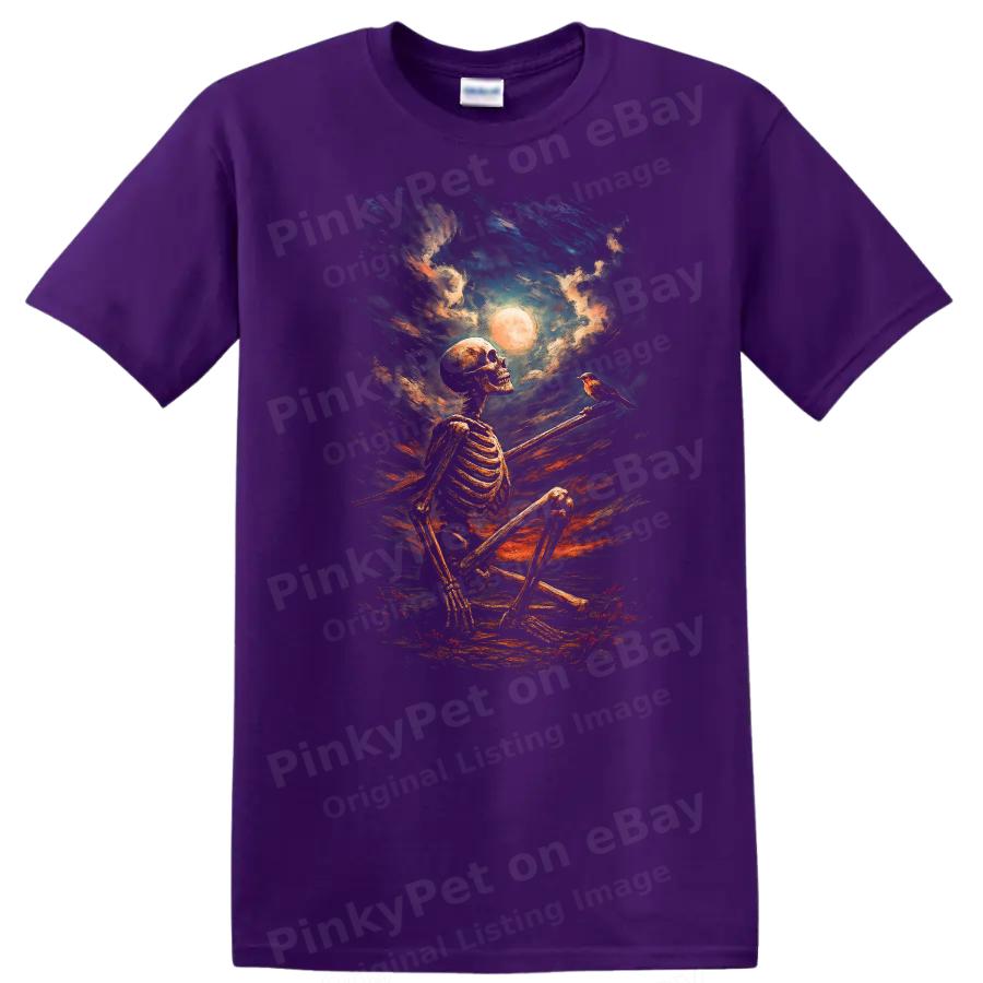 Skeleton Sitting W/ Bird Moonlit Night Art T Shirt Vintage Graphic Tee
