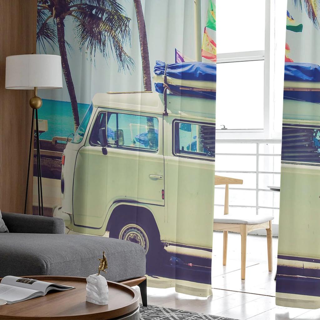 Seaside Bus Palm Tree Sheer Curtain for Living Room Hall Wall Dress Up  Home Window Supplies Pop Print Tulle Curtains