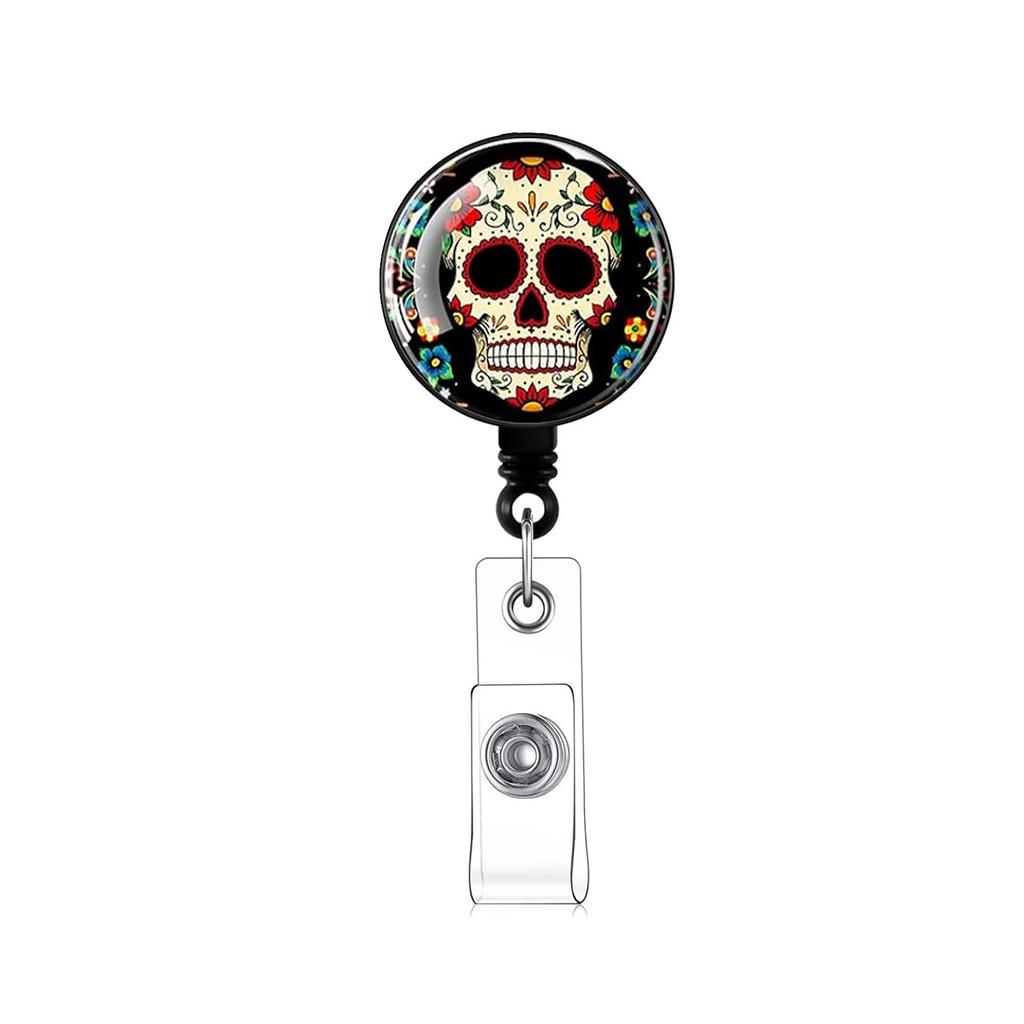 Halloween Skull Badge Reel Holder Clips Retractable Keychain Mexican Day Of The Dead Id Badge Reel Key Chain For Doctor Nurse