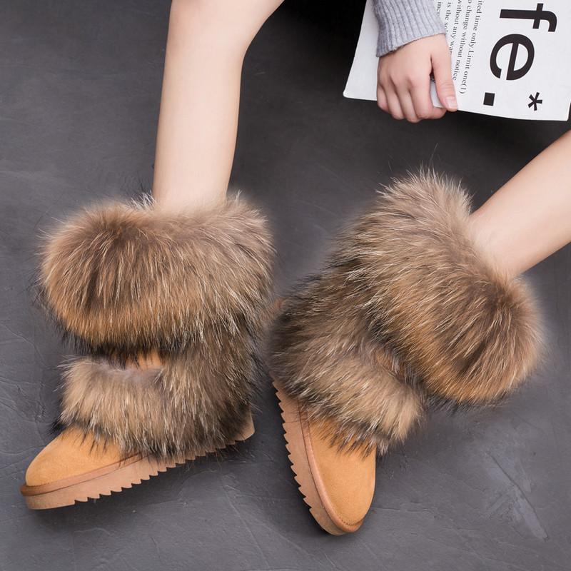 Fashion 2025 All-Match Natural Fox Fur Snow Boots Real Suede Leather Shoes Mid-Calf Knee-High Boots Raccoon Fur Warm Women'S Flat Boots