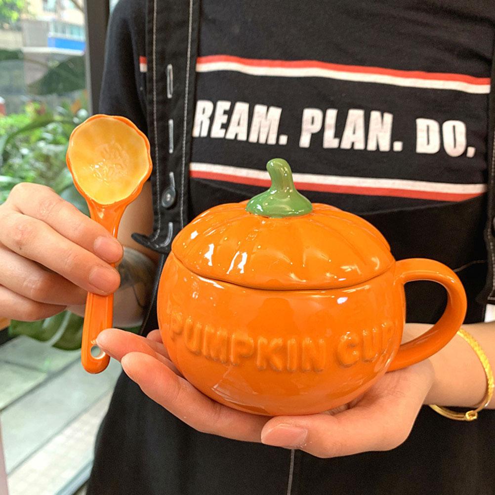 Vintage Coffee Mugs Cups with Lids Pumpkin Ceramic Milk Container Travel Espresso