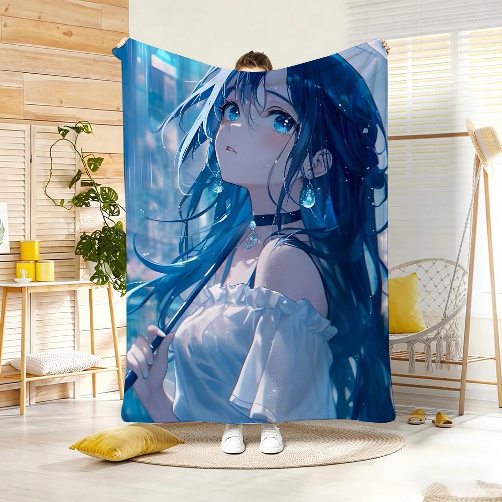 Anime B-BlueS hairedS Twin Tail Girl Throw Lightweight 240g Flannel Blanket Soft Skin-friendly for Summer Cooling